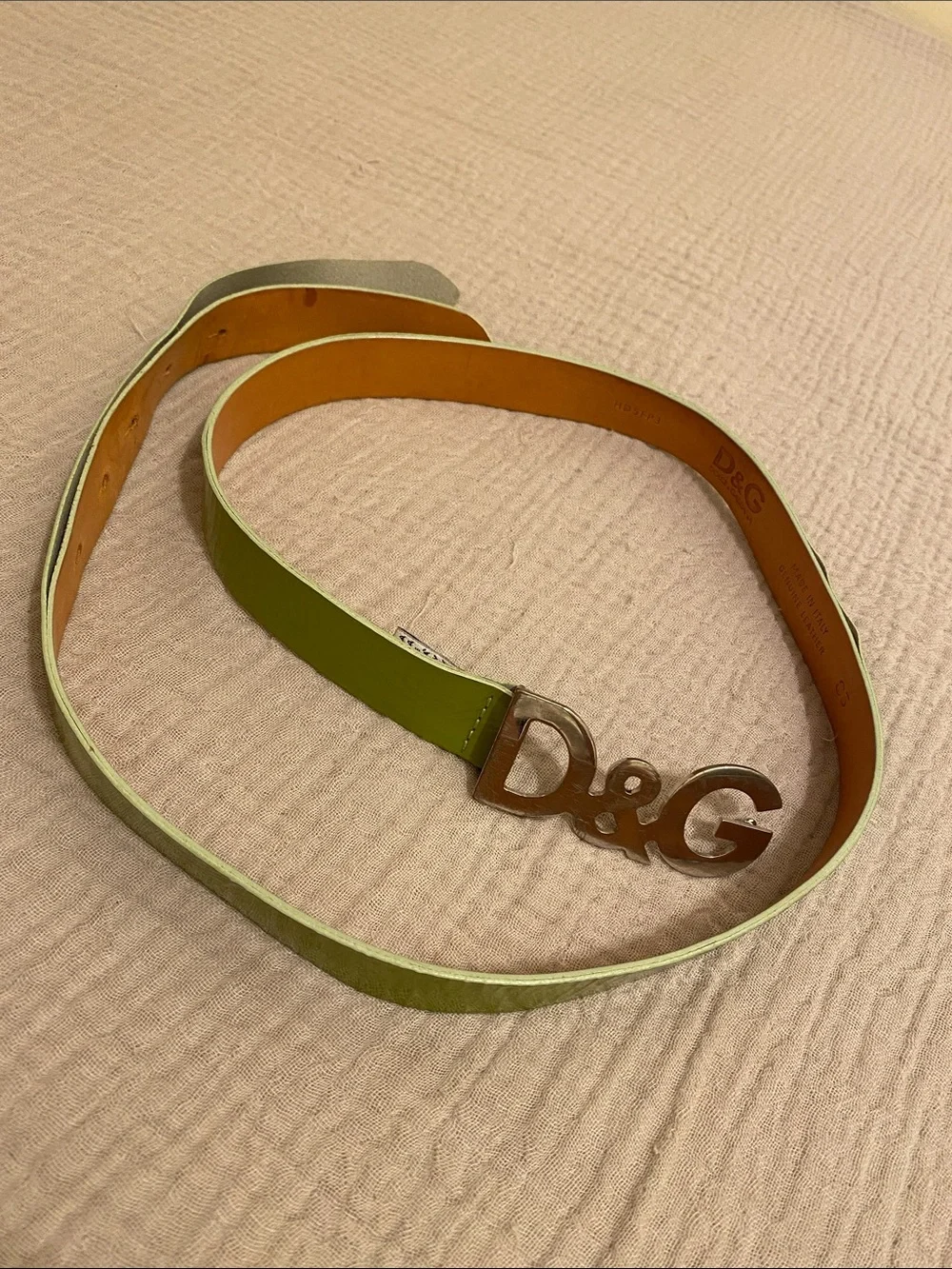 DOLCE & GABBANA D&G Lime Green Leather Belt with Silver Logo Buckle. Size 85